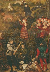 1544年、トルガウのハルテンフェルス城の近くにあるチャールズ5世皇帝の名誉の狩猟でクロスボウを撃つ準備をしているザクセンの女王シビレ（38682、498129、498131、7も参照）